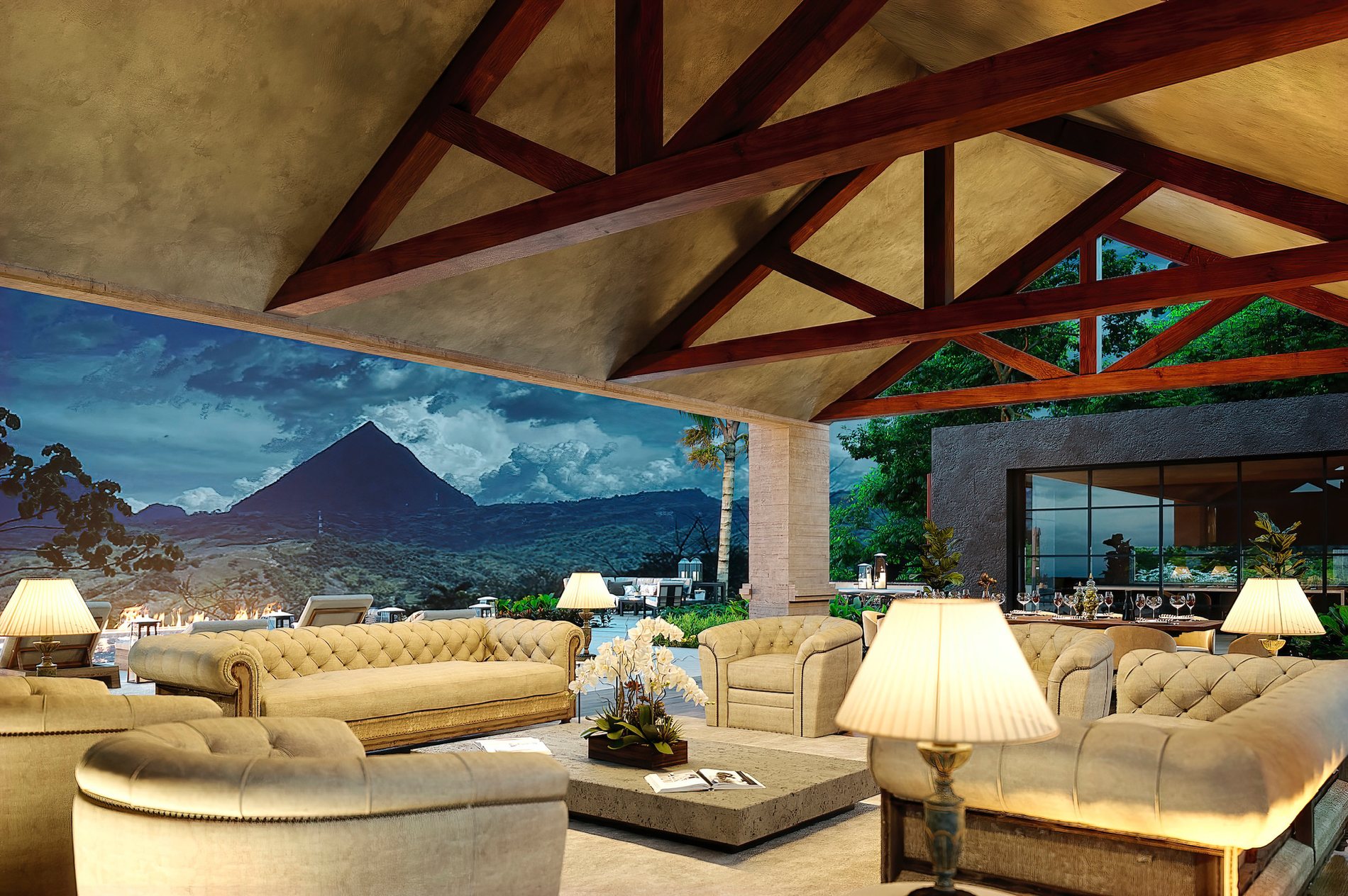 Imagined residence — preliminary render, interior with Cerro Tusa view